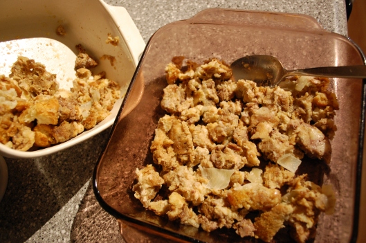 Stuffing makes up the bottom layer of this casserole dish.