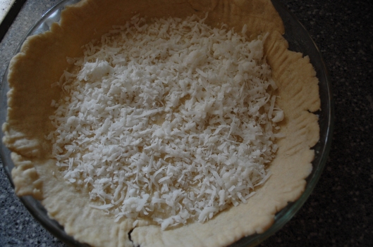 Coconut sprinkled along the pie crust bottom