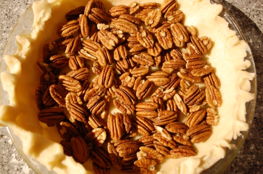 I got a big bag of pecans and ended up snacking on them as I was lining the pie plate.