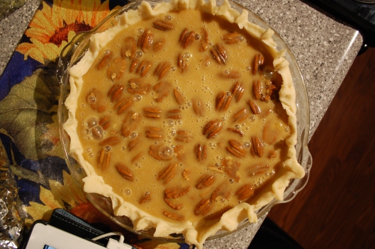 Once you pour in the filling, the pecans float to the top.