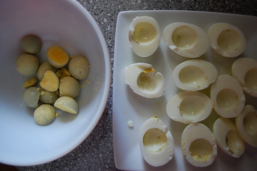 Half the eggs and remove the yolks.