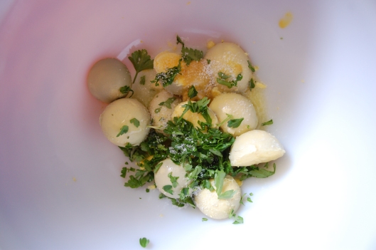 Mash everything together. I  was lucky-my parsley came up again this spring in my garden in a perfect row, so I had fresh parsley for this recipe!